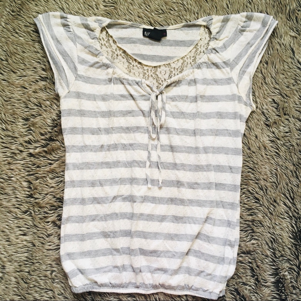 Self Esteem elastic bottom gray white striped top size junior small